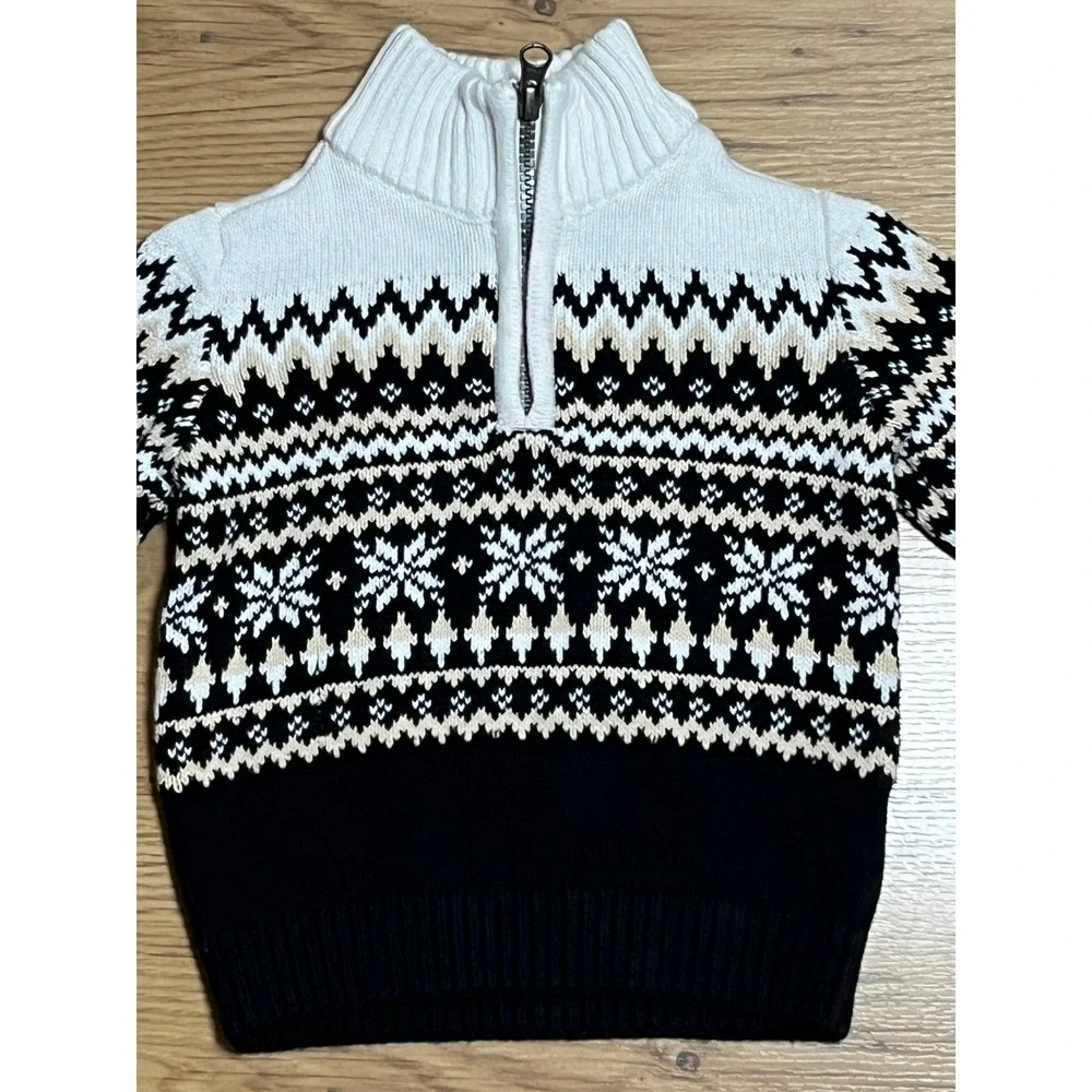 The Children's Place Sweater Boys 12-18M Black White Fair Isle Quarter Zip Knit